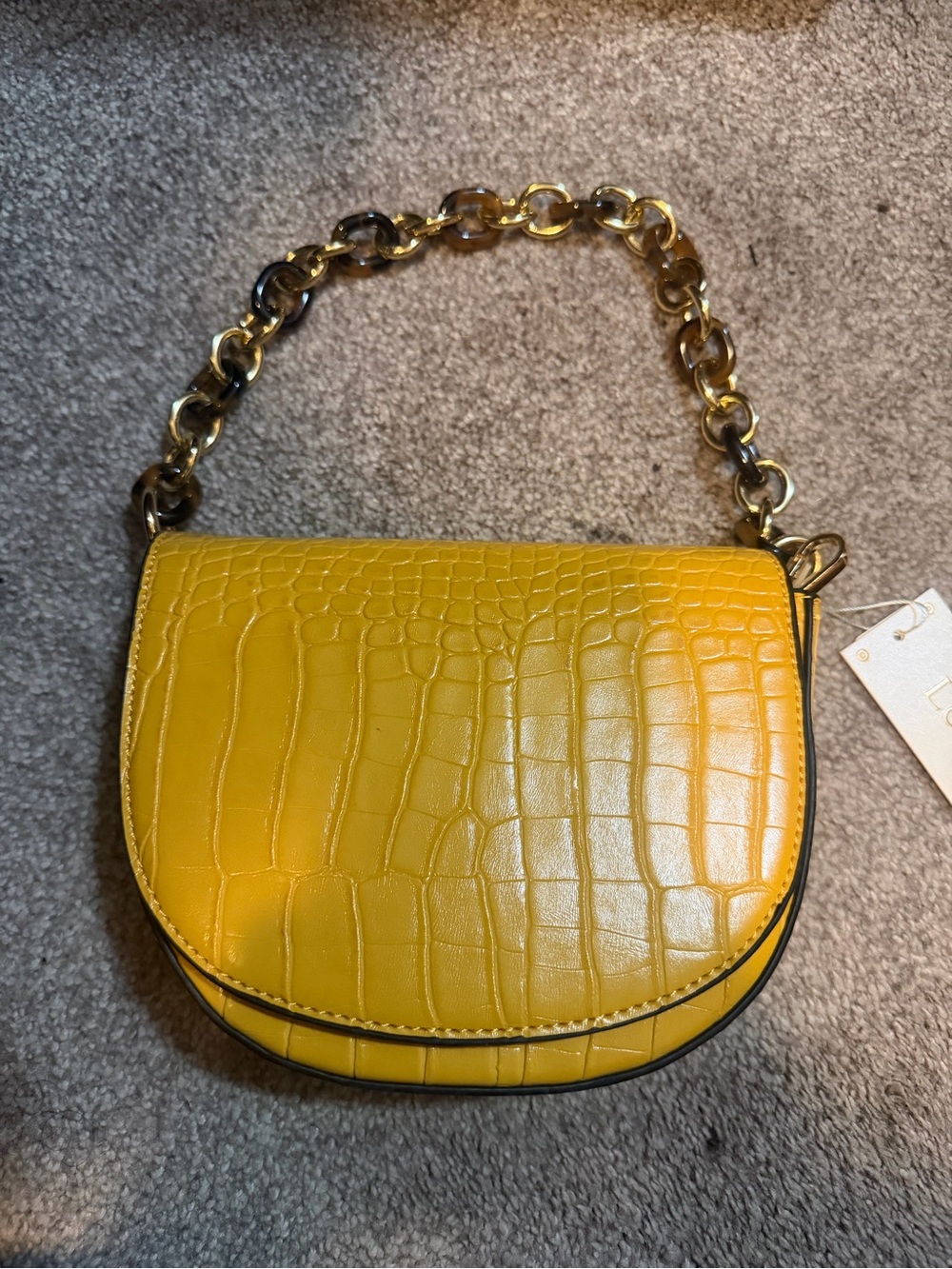 Yellow Croc-Embossed Shoulder Bag with Chain Strap